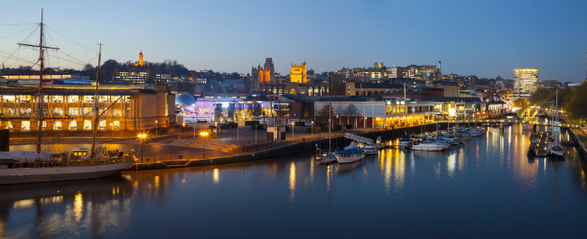 Bristol harbourside at night.